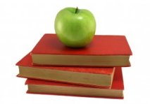 Green apple on books